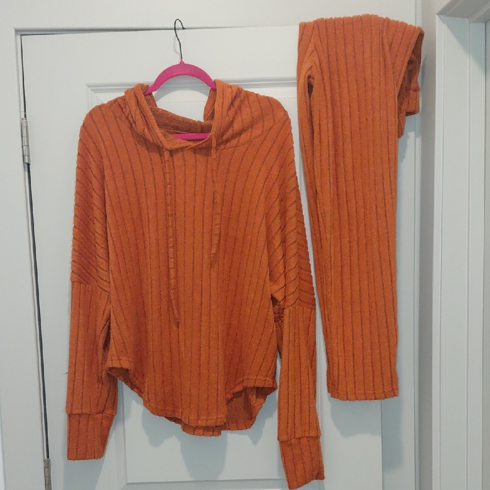 Cozy Orange Ribbed Women Sweater 2 Piece Set